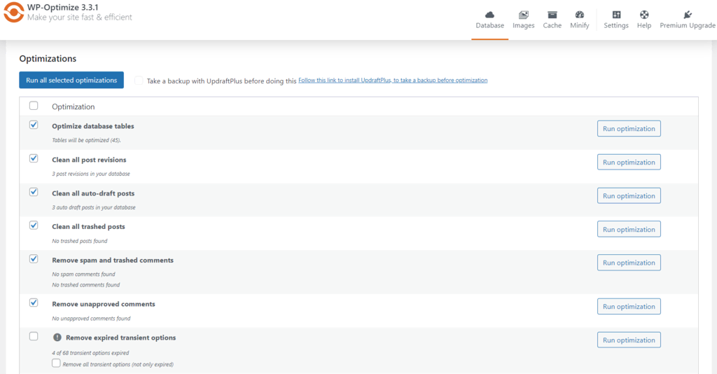 tampilan plugin wp optimize