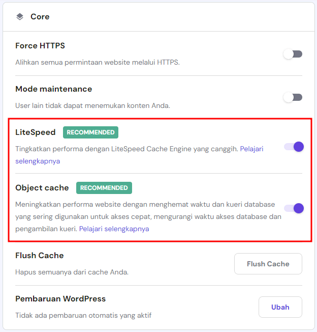 bagian core wordpress di hpanel dengan litespeed dan object cache yang disorot