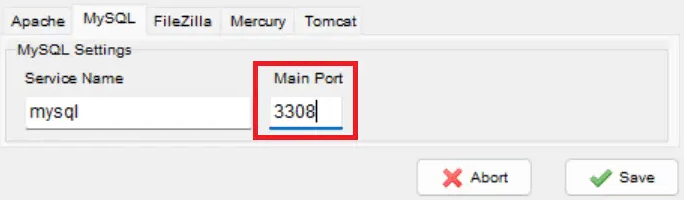 tampilan opsi konfigurasi port mysql dengan kolom port yang dipilih