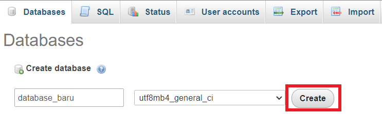 tampilan proses membuat database baru phpmyadmin dengan tombol create yang dipilih