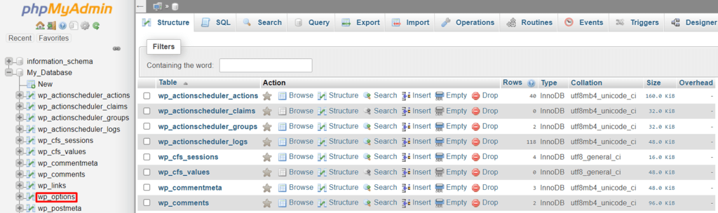 tampilan phpmyadmin menunjukkan tabel wp_options yang dipilih