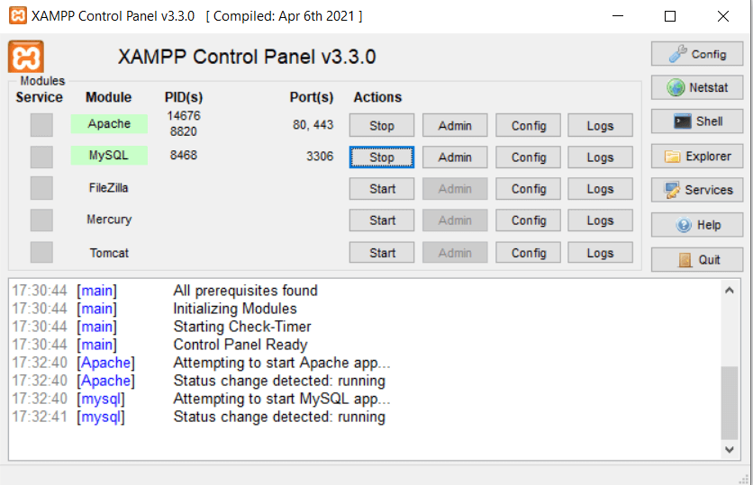 tampilan modul apache dan mysql yang sudah aktif di xampp