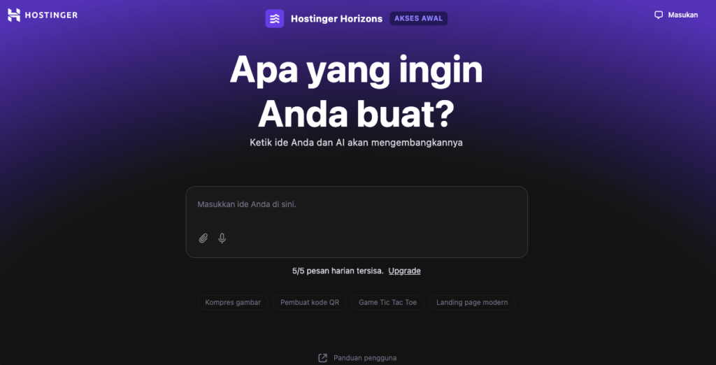 tampilan halaman awal hostinger horizons untuk memasukkan prompt