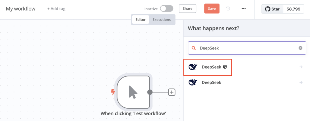 Node DeepSeek dalam editor alur kerja n8n