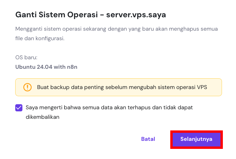 Dialog konfirmasi perubahan sistem operasi di VPS hpanel