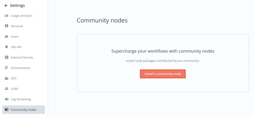 Tombol instal community node di menu Settings n8n