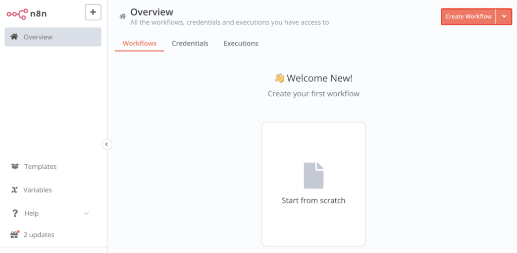 Tombol create workflow di halaman overview n8n