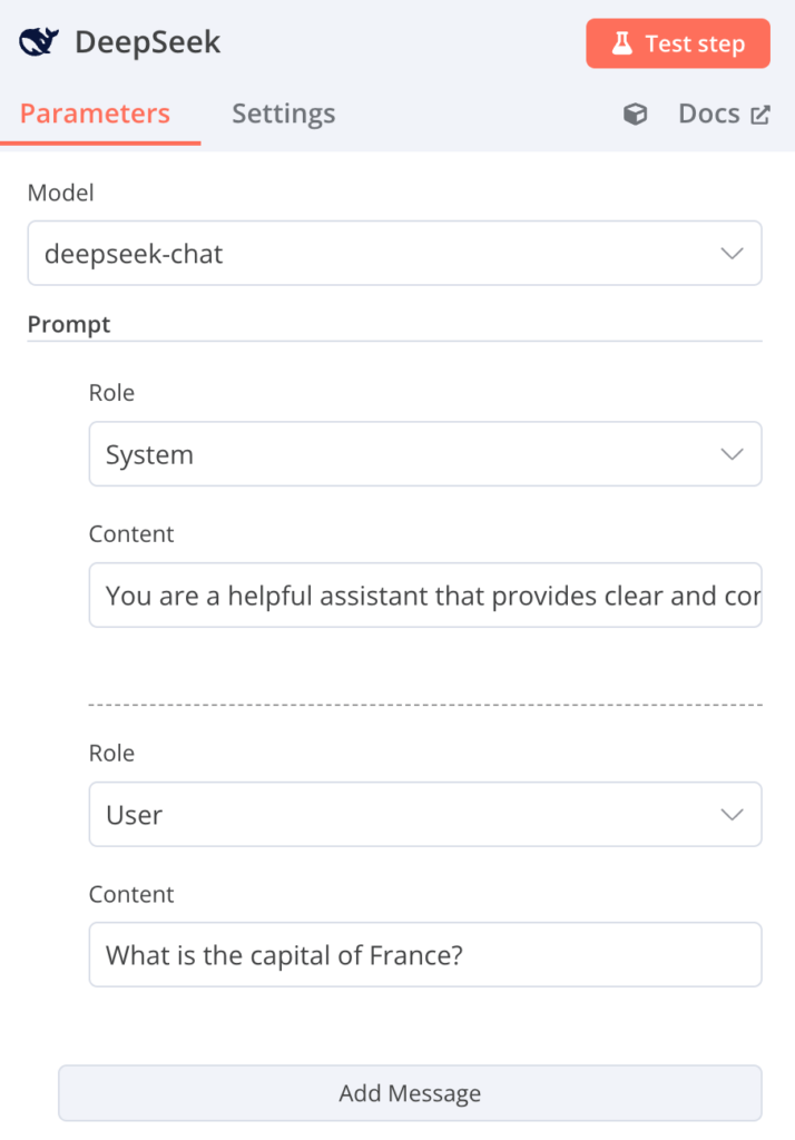 Bagian Prompt dalam dialog konfigurasi DeepSeek di n8n