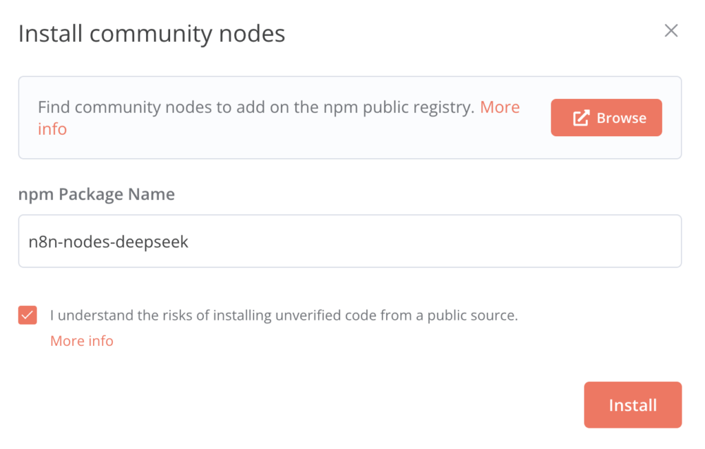 Dialog Instal community node di menu Settings n8n