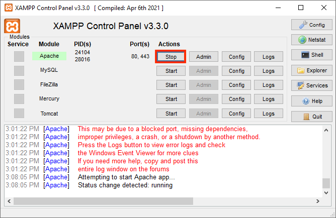 jendela xampp dengan tombol stop di samping apache yang dipilih