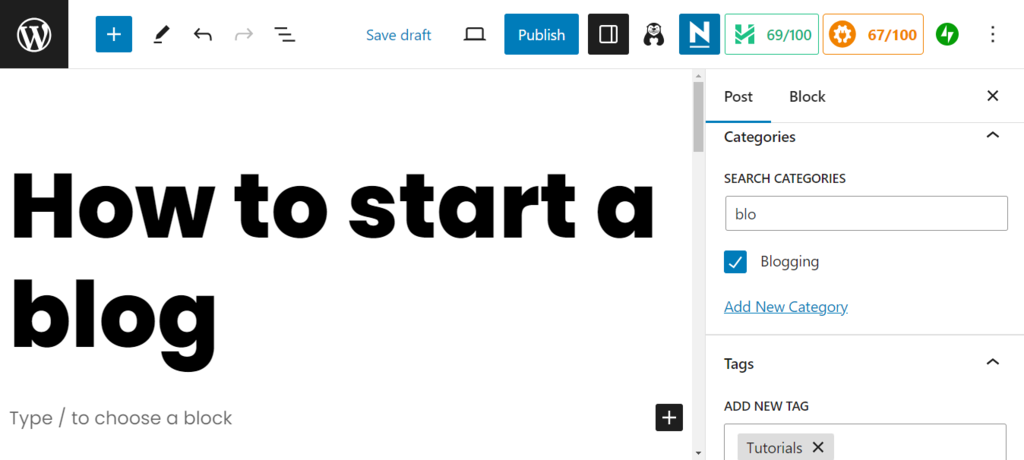 Memilih kategori dan tag di Editor Blok WordPress
