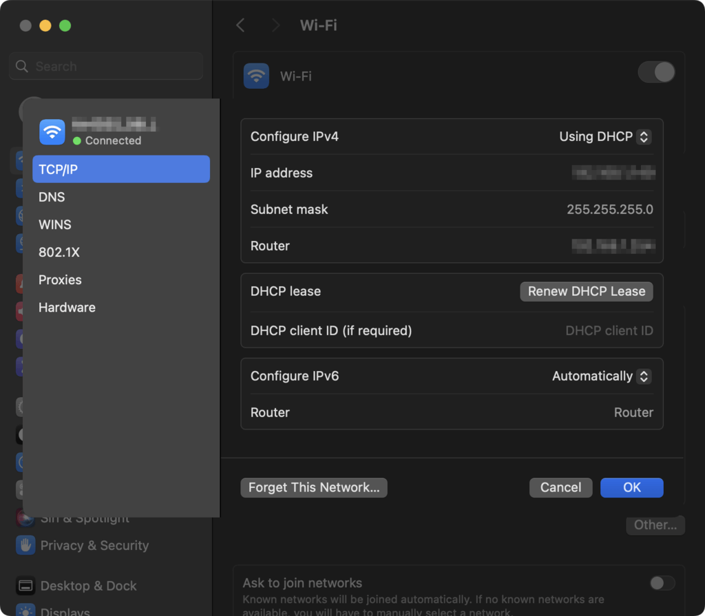 Detail jaringan TCP/IP di pengaturan sistem macOS