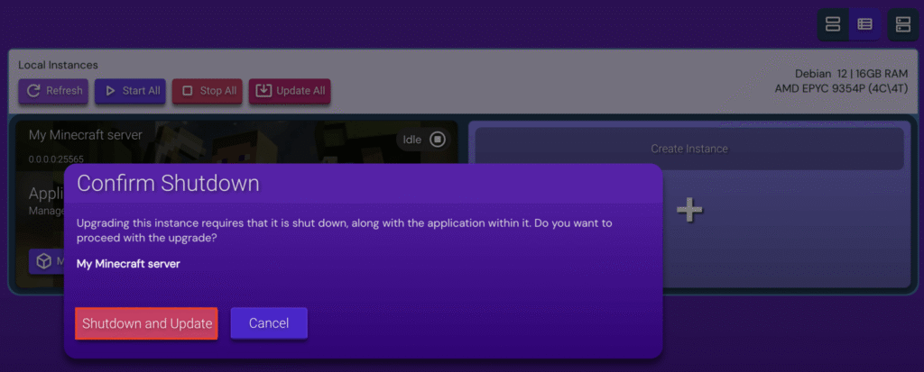 Tombol Shutdown and Update di Game Panel