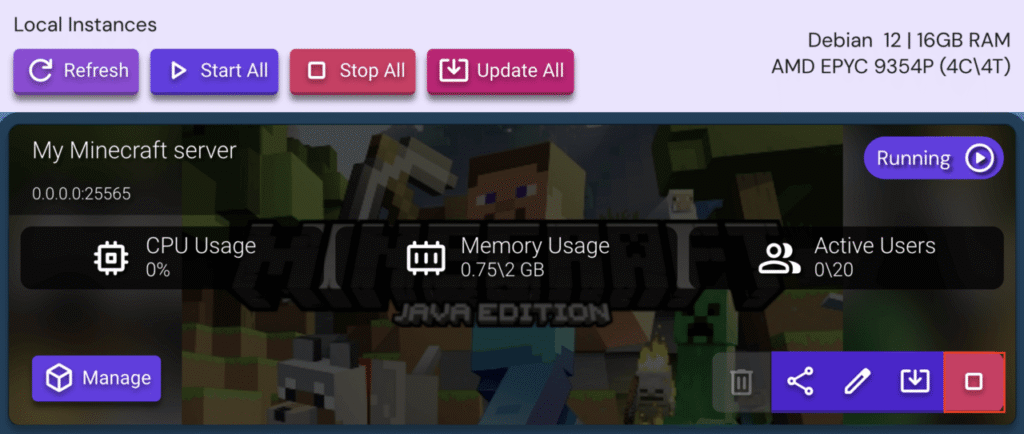 Tombol Stop Instance di Game Panel