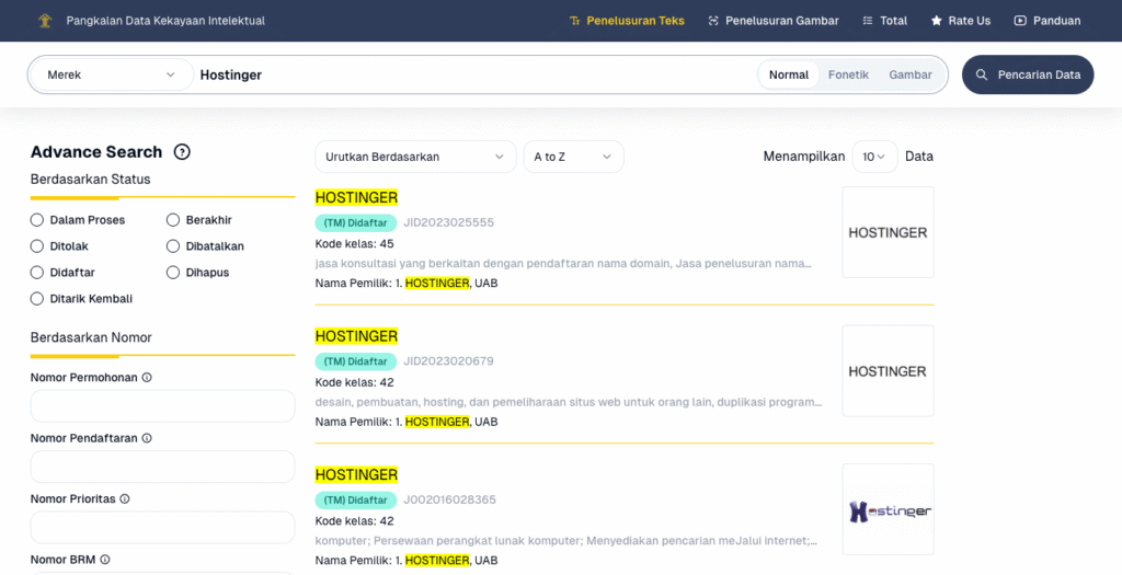 Hasil nama Hostinger sebagai merek dagang di website PDKI
