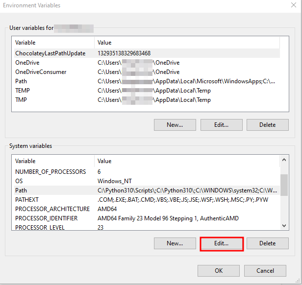 Tombol “Edit...” di Pengaturan Environment Variables Windows