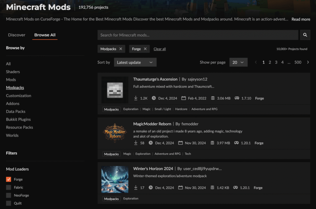 Koleksi modpack di CurseForge