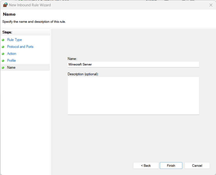 Memberi nama aturan firewall baru, mengarahkan traffic yang masuk ke server Minecraft pengguna