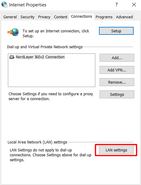 Tombol LAN Settings pada tab Connections di Windows