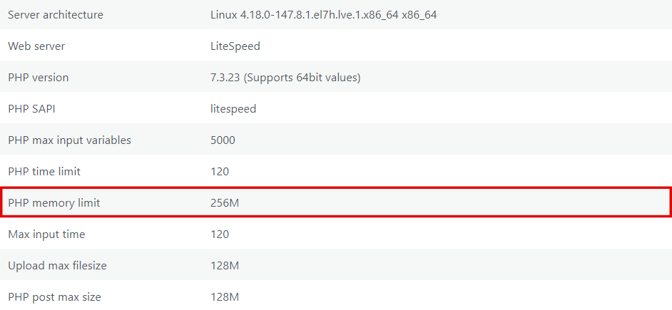 Batas memori PHP - 256 MB.
