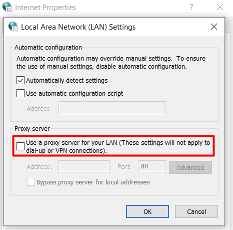 Opsi untuk menonaktifkan semua pengaturan proxy di pengaturan LAN Windows