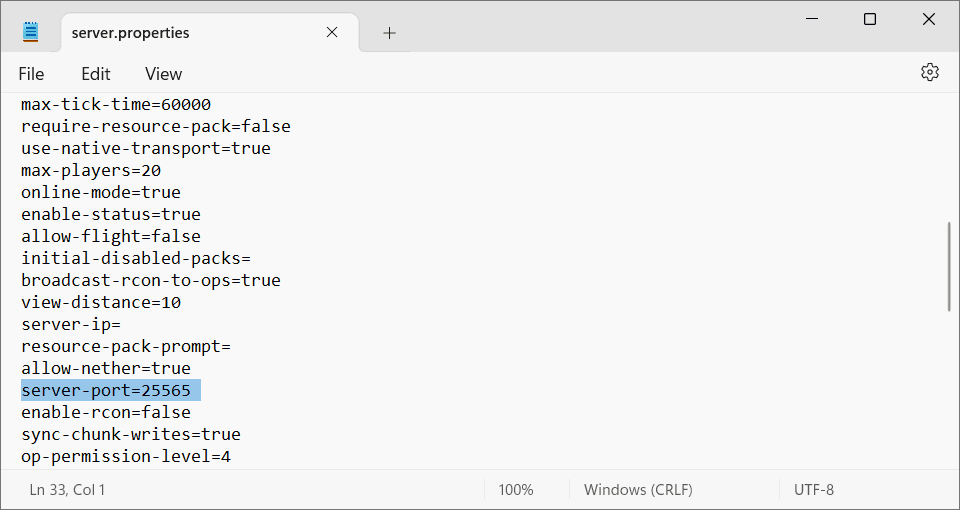 File server.properties dengan baris server-port yang disorot