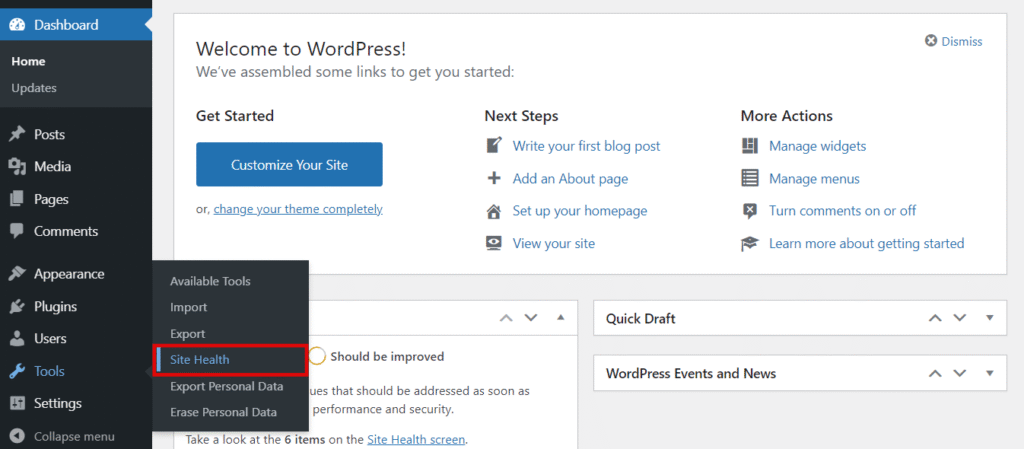 Memilih Site Health di dashboard WordPress.
