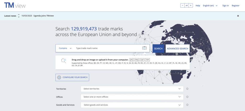 Tool pencarian TMView milik Kantor Kekayaan Intelektual Uni Eropa (EUIPO)