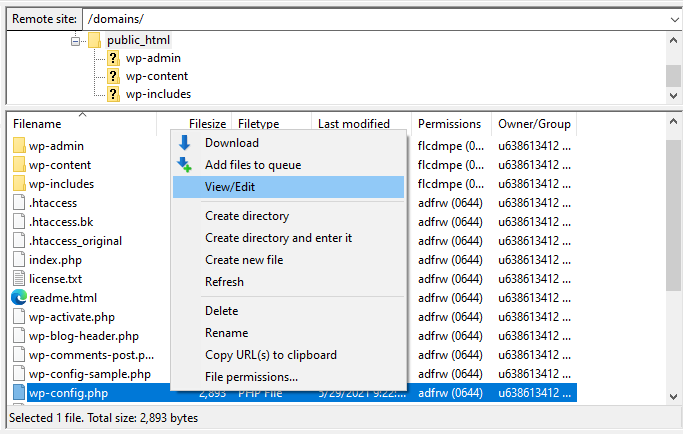 Memilih untuk Melihat/Mengedit file wp-config.php di FileZilla.
