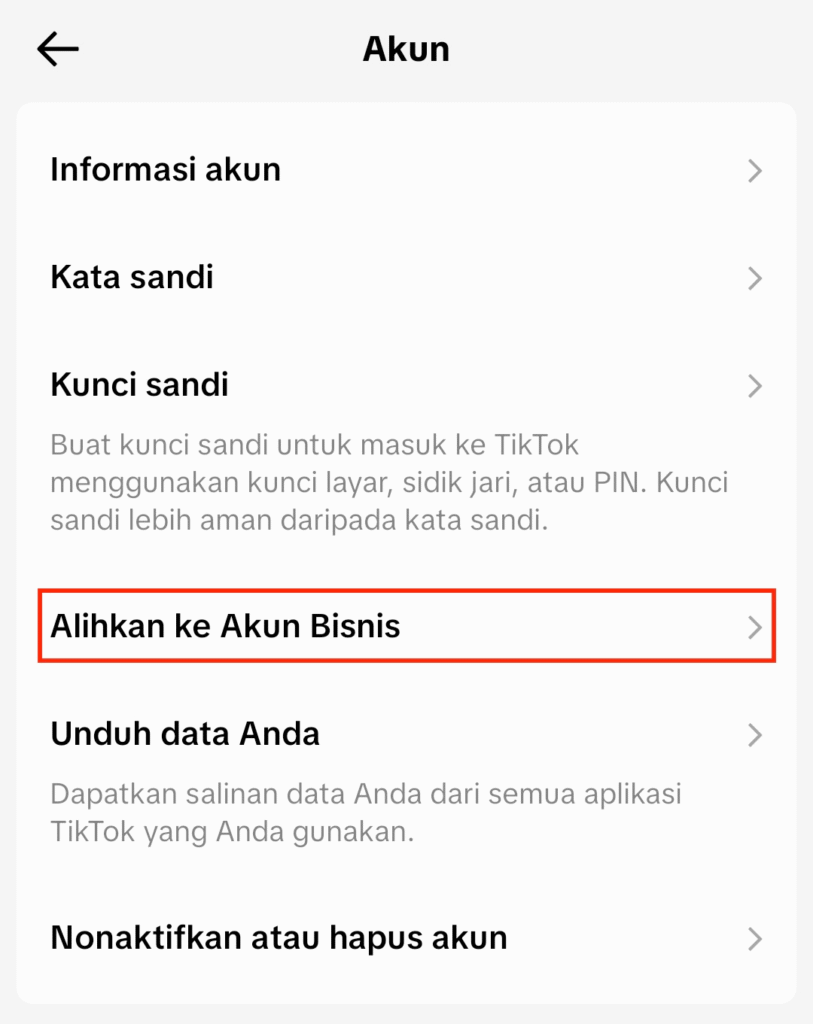 Opsi di TikTok untuk beralih ke akun bisnis