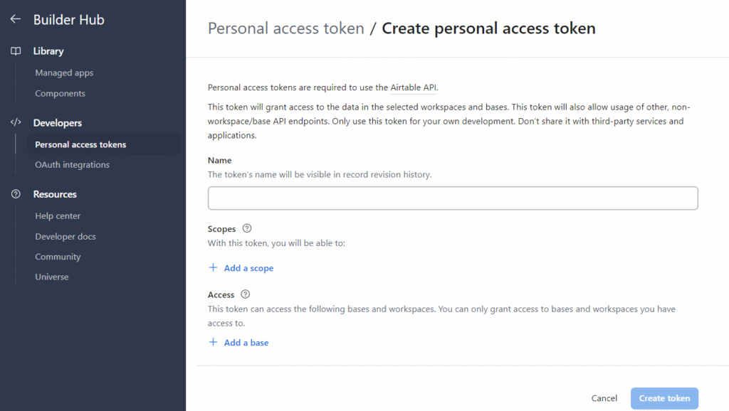 Memilih ruang kerja atau basis mana yang harus diberikan akses oleh token Anda.