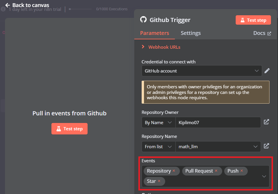 Konfigurasi node pemicu GitHub dengan Events