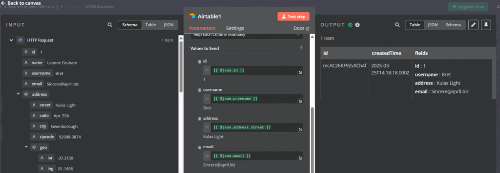 Pemetaan bidang data di node Airtable