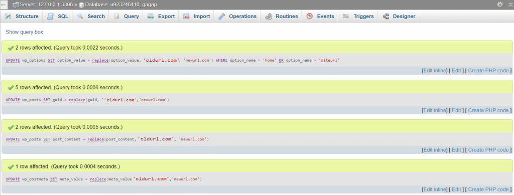 Tampilan pesan sukses setelah mengganti url WordPress di phpMyAdmin