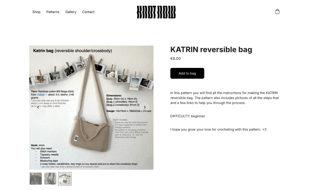 Halaman produk pola tas bolak-balik Know Now
