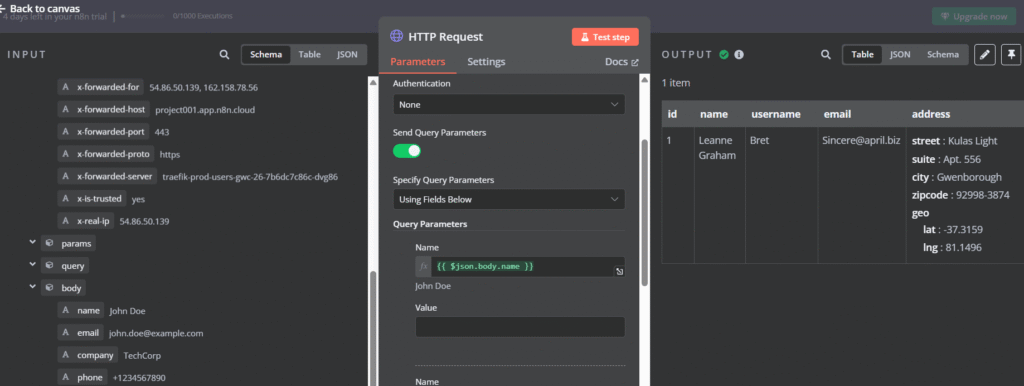 Mengklik tombol Test Step untuk mendapatkan respons dari API People Data Labs.