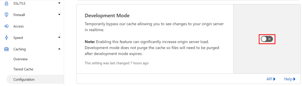 Bagian konfigurasi Cloudflare dengan tombol yang dipilih untuk mengaktifkan Development Mode
