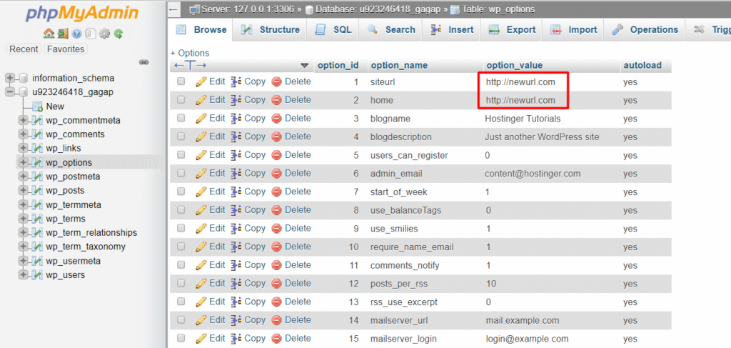 Tampilan tabel wp_options di phpMyAdmin dengan tampilan url lama dan url baru