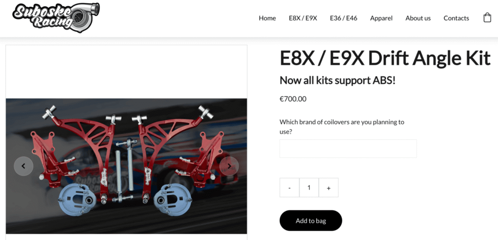 Halaman produk di website Suboske Racing
