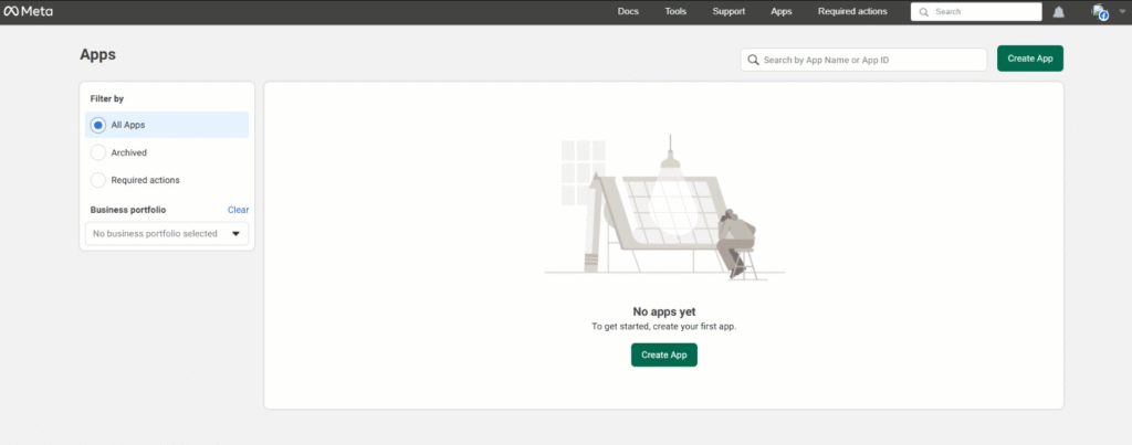 Layar selamat datang halaman developer Meta