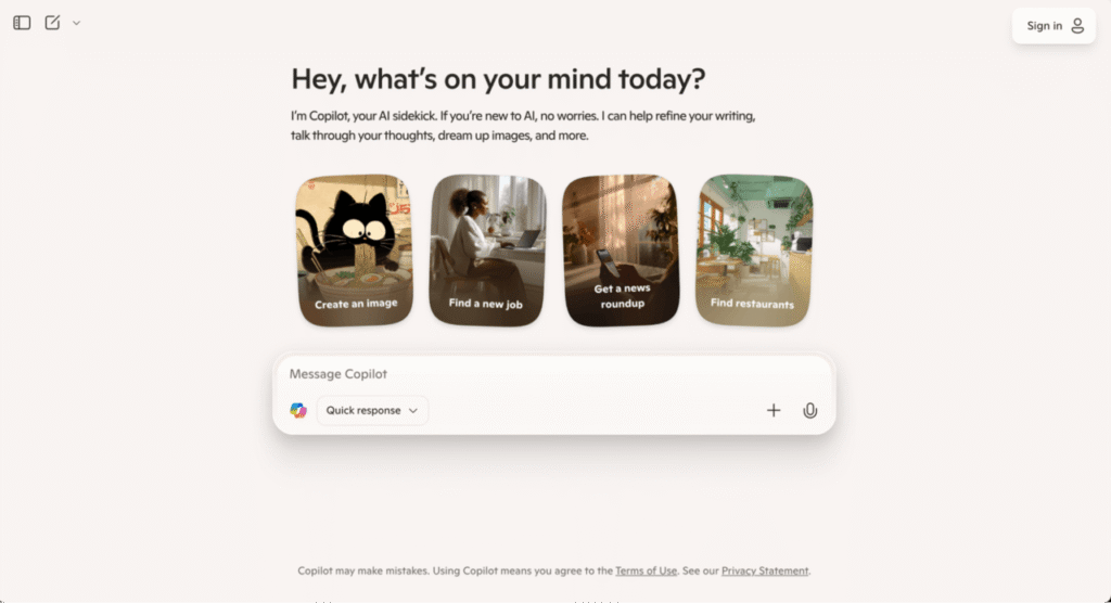Homepage Microsoft Copilot