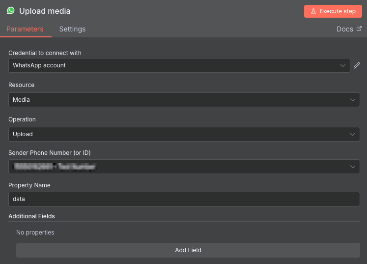 Jendela konfigurasi node Upload Media WhatsApp