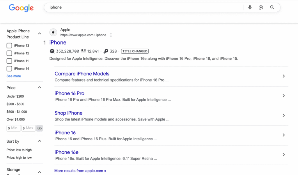 Contoh hasil rich result di Google tentang iPhone