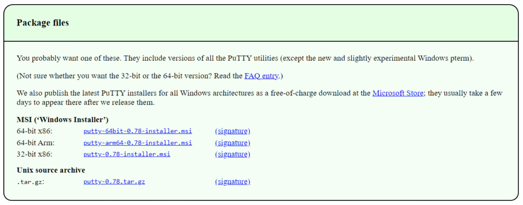 Halaman download PuTTY yang mencantumkan file package