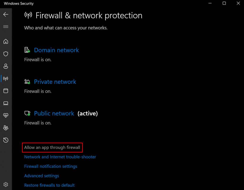 Perlindungan firewall dan jaringan dengan opsi “allow an app through firewall” yang dipilih