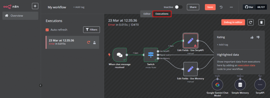 Memilih tab Executions untuk menangani error