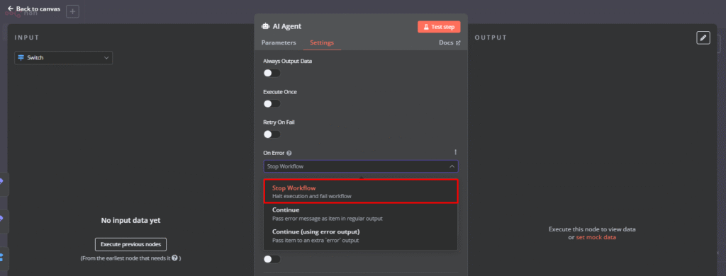 Metode error handling n8n yang akan menghentikan workflow secara default