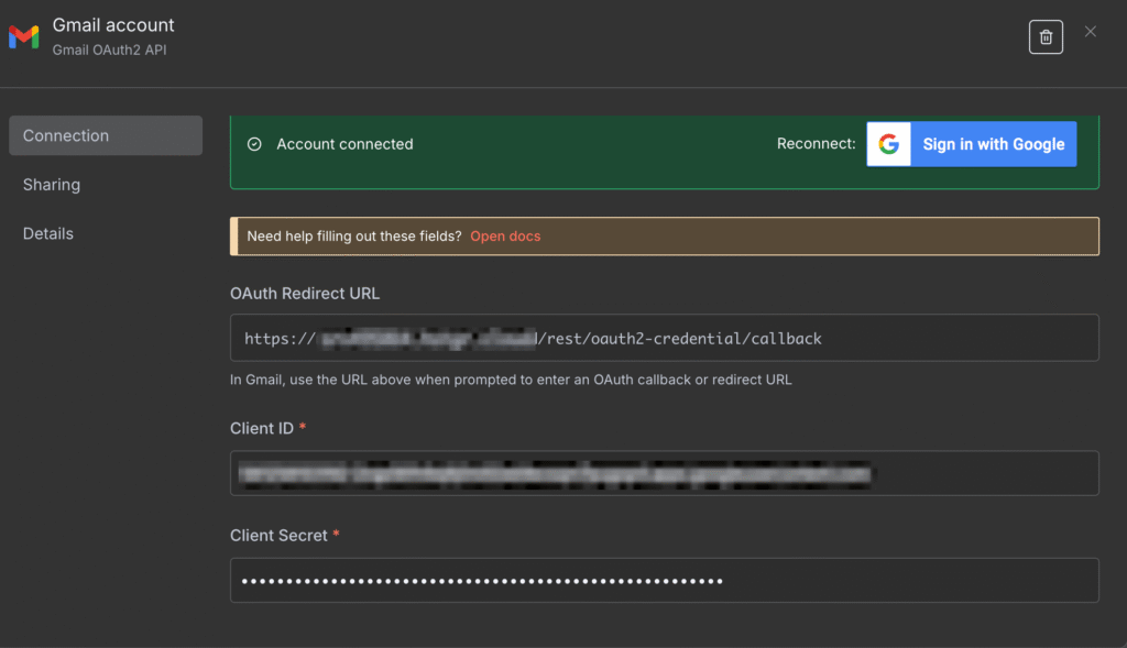 Menu konfigurasi kredensial Gmail di n8n