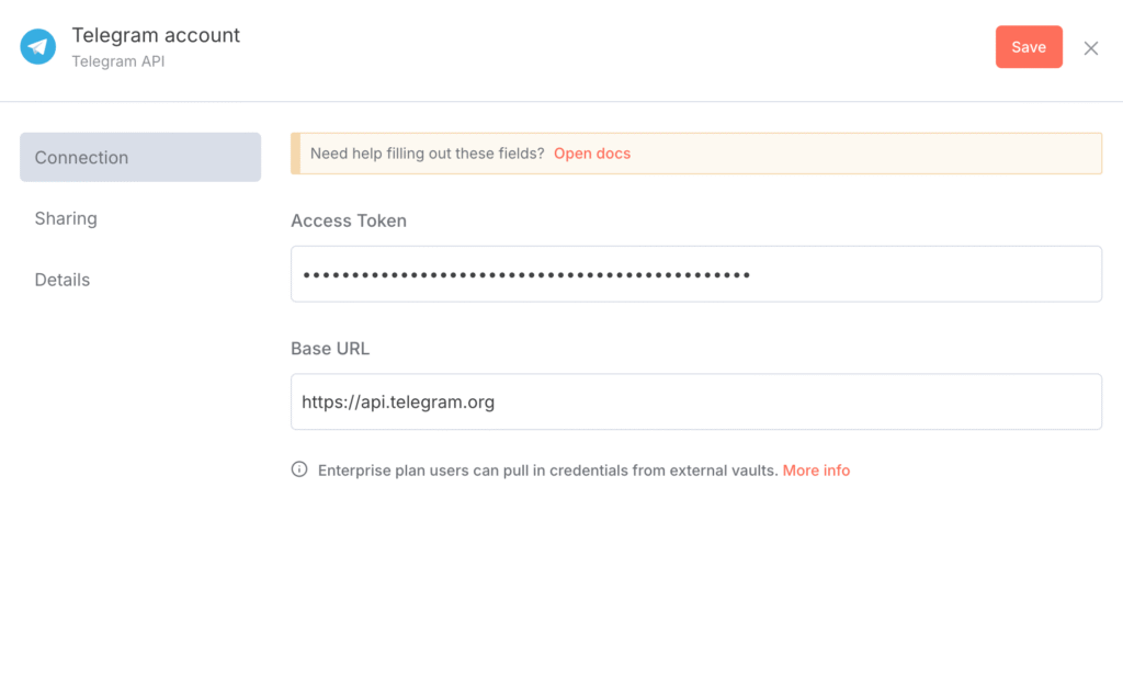 Token API Telegram yang disimpan di menu Credential n8n