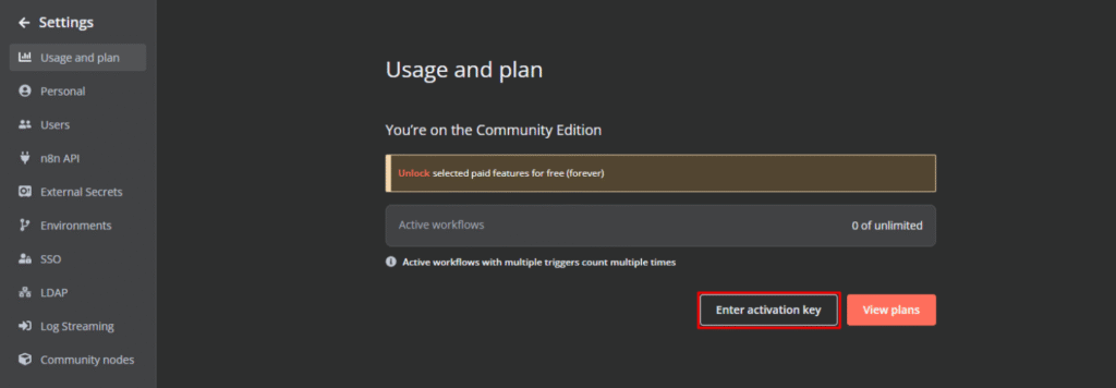 Halaman untuk memasukkan kunci aktivasi n8n